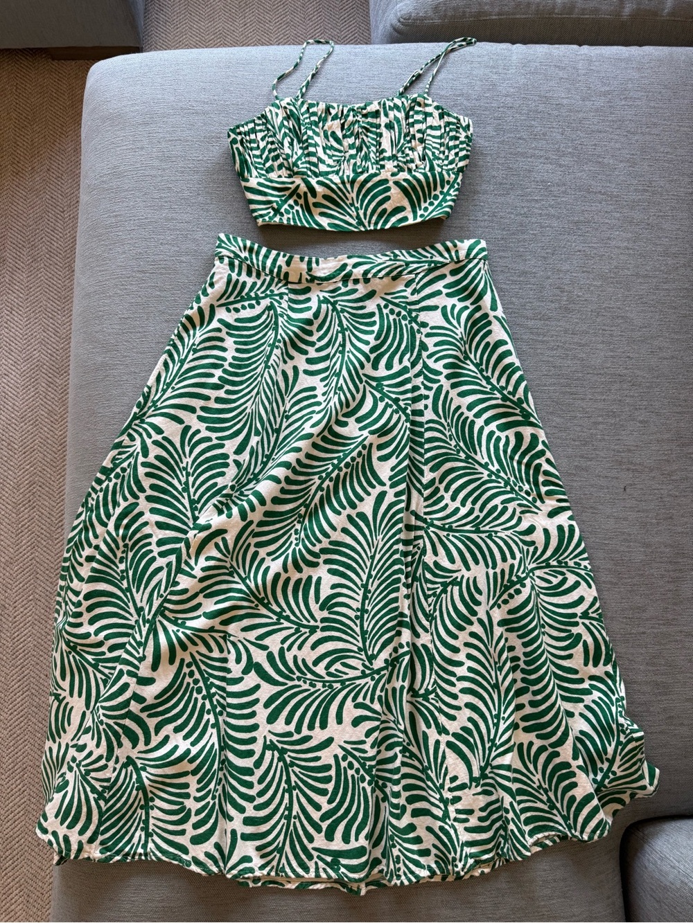 Green and White Leaf-Print A-Line Skirt Set (matching skirt and top)
